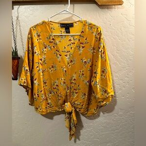 Yellow Floral Poly & Esther Tie Front Billowy Sleeve Cropped Blouse